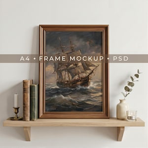 Vertical Wood Frame Mockup: Classic Brown Frame on Minimal Neutral Bookshelf (PSD Smart Object)