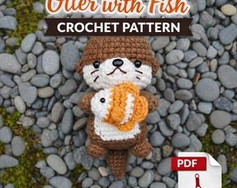Laag gestikte gehaakte otter met vispatroon – schattige pluche otter pdf, gehaakt dier cadeau voor hakers