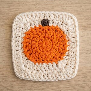 May include: A square crochet coaster featuring a circular orange pumpkin motif centred within a cream-coloured border. The pumpkin is worked in a vibrant orange yarn with a small, dark brown stem at the top, all crafted with visible crochet stitches.