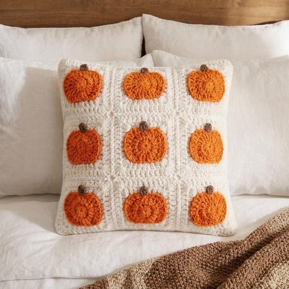 Crochet Pumpkin Pillow Pattern, Granny Square Pumpkin Cushion Cover, Fall Farmhouse Halloween Thanksgiving Autumn Home Decor, PDF Download
