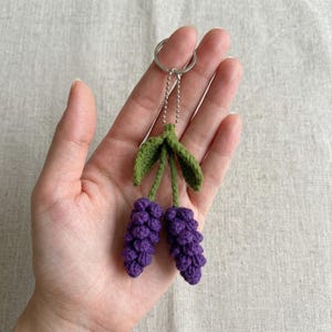 May include: A crochet keyring featuring two textured purple grape-like clusters hanging from green stems and leaves, attached to a silver-toned metal split ring by a short beaded chain. The yarn work displays a detailed, bumpy surface texture.