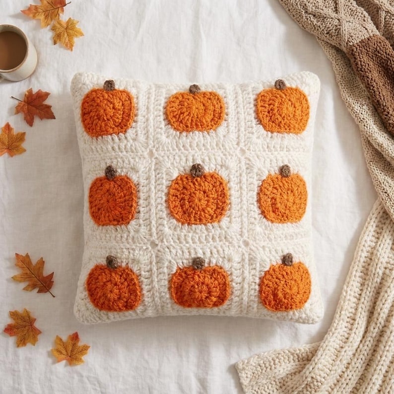 May include: A square crochet cushion featuring a grid pattern of nine orange pumpkins on a cream-coloured background. Each pumpkin is centred within a square block, showcasing a textured yarn construction with a small brown stem at the top.