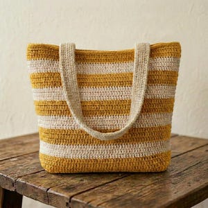 May include: A handmade crochet tote bag with horizontal stripes in mustard yellow and cream. The bag has two sturdy handles in a neutral beige color, perfect for carrying groceries or other items. The bag is sitting on a wooden table.
