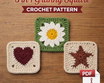 3 in 1 oma vierkant gehaakte patroonbundel | Hart, ster en madeliefje oma-vierkanten | Beginnersvriendelijke pdf | Perfect voor tas, sjaal, deken