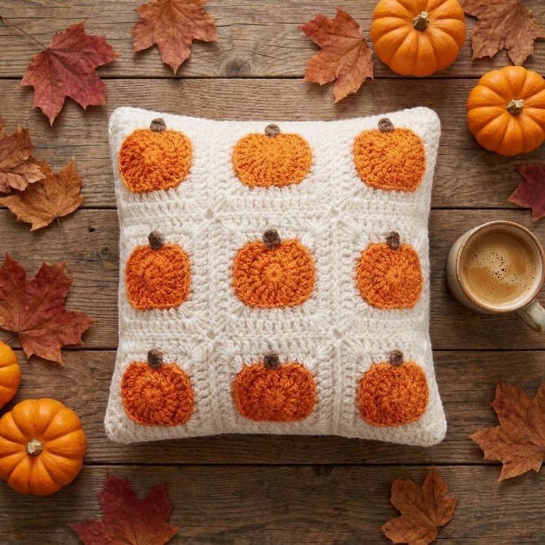 May include: A square crochet cushion cover featuring a cream-coloured base with a grid of nine textured orange pumpkin motifs. The design is arranged in three rows of three, with each pumpkin centred within a square section of the white yarn.