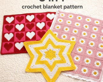Gehaakte dekenpatroonbundel pdf, Daisy Star Heart-babydeken, 3-in-1 haakpatroon voor beginners, kraamcadeau, oma Square Afghaan