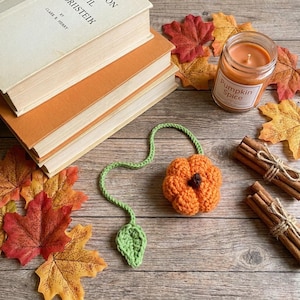 Può includere: Un segnalibro all'uncinetto con una piccola zucca arancione con gambo marrone attaccata a un lungo viticcio verde che termina con una singola foglia. La zucca è posizionata vicino a una pila di tre libri, una candela in barattolo e cannella.