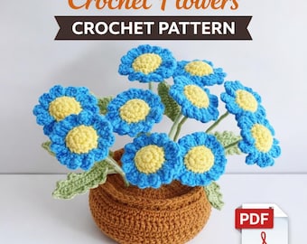 Gehaakte blauwe madeliefje met potpatroon | makkelijke amigurumibloem met blad | Perfect cadeau voor valentijn