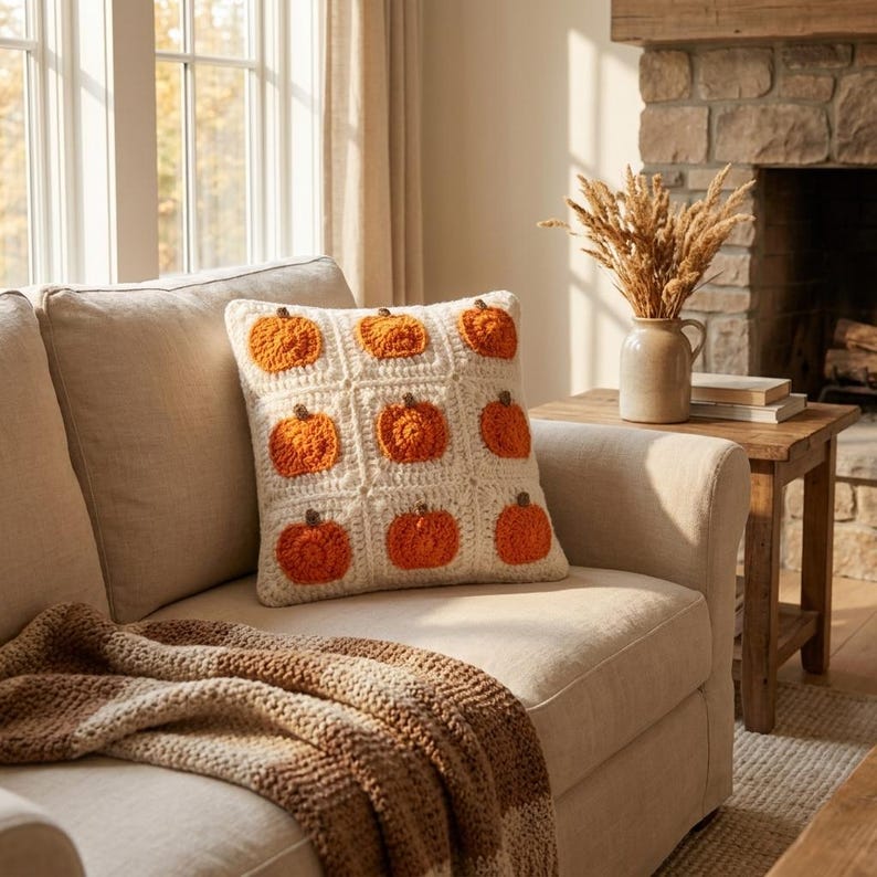 May include: A square crochet cushion featuring a grid of nine orange pumpkin motifs on a cream-coloured background. Each pumpkin is textured with a small brown stem at the top. The cushion is constructed from individual square panels joined together.