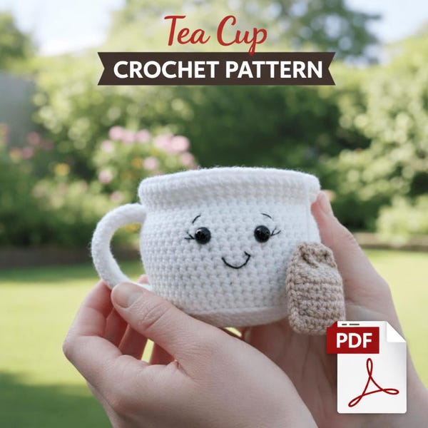 Uroczy wzór szydełkowy na filiżankę do herbaty z amigurumi – samouczek PDF na pluszową filiżankę do kawy – łatwy kubek z amigurumi – do pobrania w wersji cyfrowej + (bonus w zestawie)