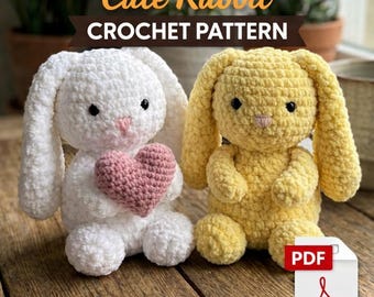 Patroon gehaakt konijntje, konijn met lang oor met hart, amigurumipatroon pdf, patroon gehaakt konijn, patroon knuffeldier, beginner