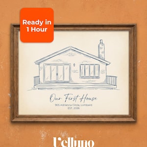 May include: A framed house portrait with a sketch-like design. The artwork features a house illustration with the text "Our First House," address, and establishment year. An orange square with the text "Ready in 1 Hour" is in the upper left corner. The frame is brown.