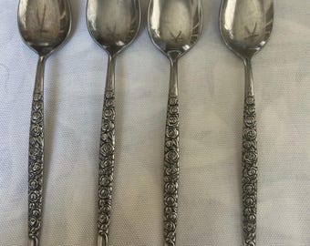 Vintage National Stainless Japan Rio Vista Set Of 4 Tea Spoons Rose Pattern.