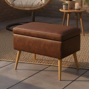 Handgjord läderbänk för förvaring: Koffert i mitten av århundradet med träben