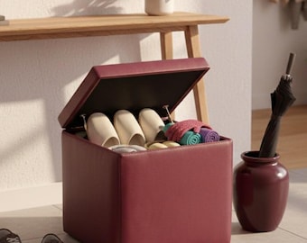 Storage Bench Ottoman Pouf Leather Bench: Large Square Storage Box, Handmade Footrest Seating, Luxury Vanity Stool