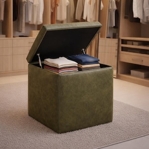Peut inclure: Un pouf de rangement vert olive avec un couvercle à charnière, révélant des vêtements pliés avec soin. Le pouf est de forme carrée et repose sur un tapis de couleur claire. L'arrière-plan montre un dressing avec des vêtements suspendus.
