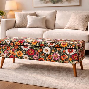 Storage Bench, Floral Ottoman, Vintage Pouf, Entryway Seat, Bedroom Bench, Upholstered Storage, Accent Furniture image 12
