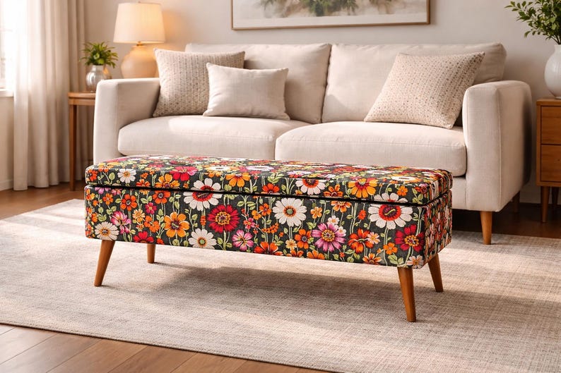 Storage Bench, Floral Ottoman, Vintage Pouf, Entryway Seat, Bedroom Bench, Upholstered Storage, Accent Furniture image 12