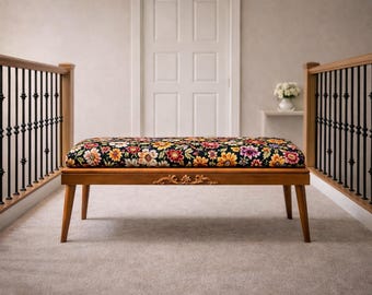 Banco de estilo meados do século XX, banco estofado, banco para hall de entrada, banco para quarto, banco com pés de madeira, assento moderno, banco para o pé da cama