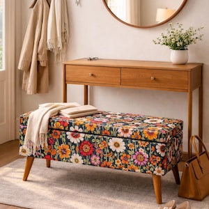 Storage Bench, Floral Ottoman, Vintage Pouf, Entryway Seat, Bedroom Bench, Upholstered Storage, Accent Furniture image 5