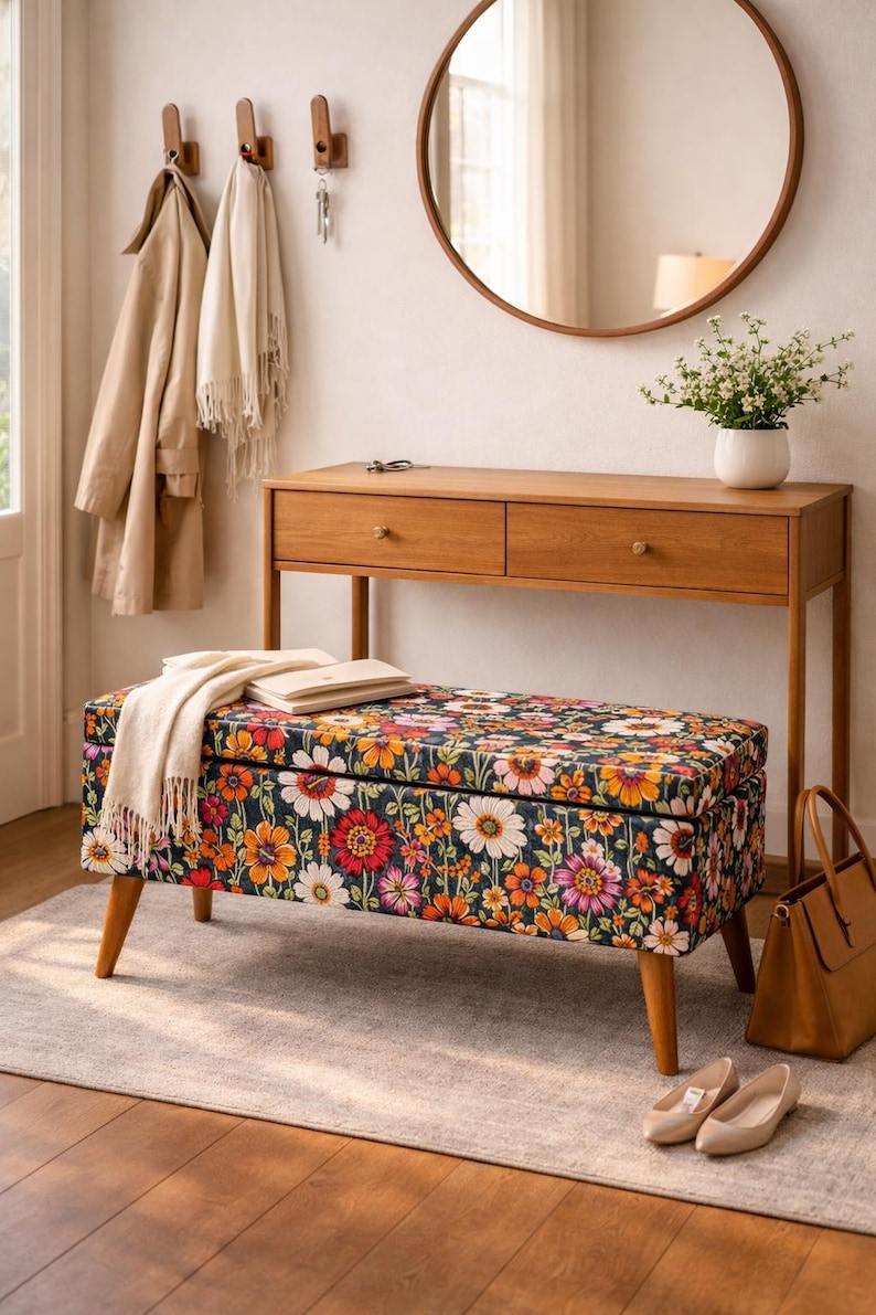 Storage Bench, Floral Ottoman, Vintage Pouf, Entryway Seat, Bedroom Bench, Upholstered Storage, Accent Furniture image 5