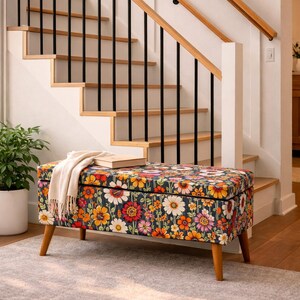 Storage Bench, Floral Ottoman, Vintage Pouf, Entryway Seat, Bedroom Bench, Upholstered Storage, Accent Furniture image 9