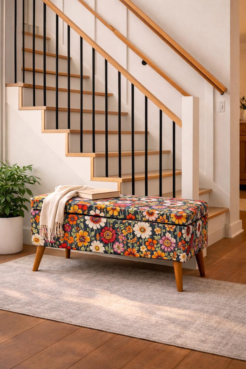 Storage Bench, Floral Ottoman, Vintage Pouf, Entryway Seat, Bedroom Bench, Upholstered Storage, Accent Furniture image 9