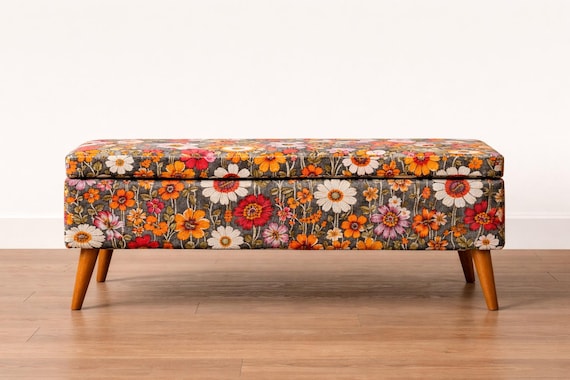 Storage Bench, Floral Ottoman, Vintage Pouf, Entryway Seat, Bedroom Bench, Upholstered Storage, Accent Furniture