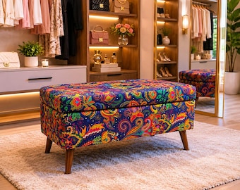 Banco de almacenamiento vintage, otomana con estampado paisley, banco tapizado, asiento para el pie de la cama, banco para la entrada, muebles bohemios, patas de madera.