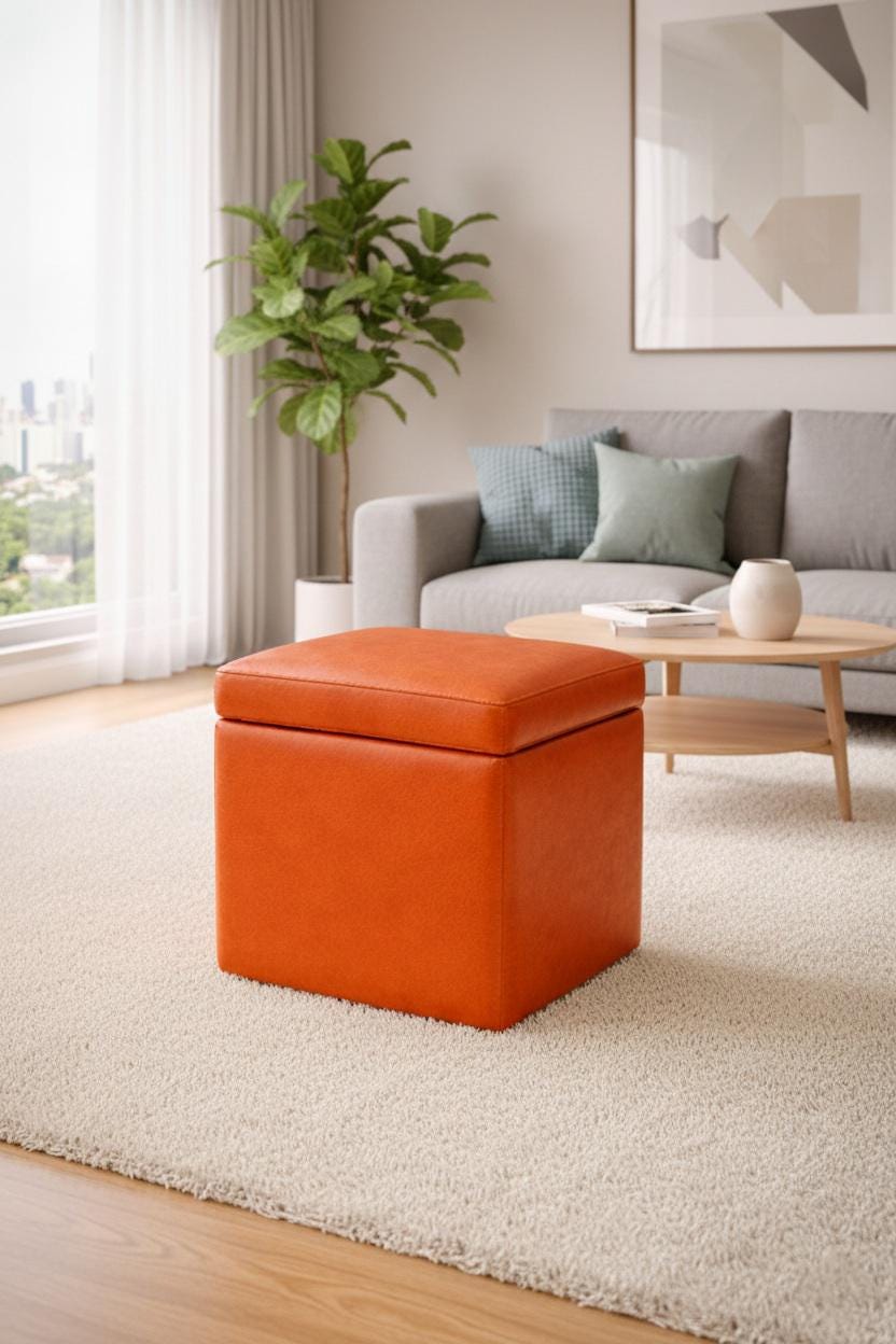 Burnt Orange Storage Ottoman: Jewelry Box Set, Handmade Leather