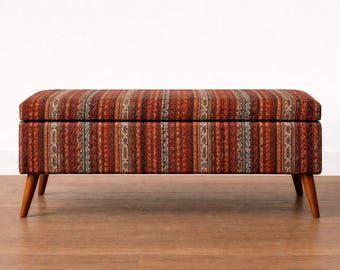 Vintage Storage Bench, Distressed Fabric Ottoman, Upholstered Seat, Entryway Bench, End Of Bed, Wooden Legs, Boho Furniture
