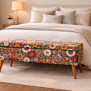 Storage Bench, Floral Ottoman, Vintage Pouf, Entryway Seat, Bedroom Bench, Upholstered Storage, Accent Furniture image 6