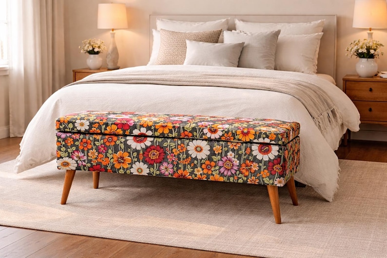 Storage Bench, Floral Ottoman, Vintage Pouf, Entryway Seat, Bedroom Bench, Upholstered Storage, Accent Furniture image 6
