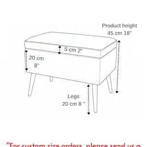 May include: A schematic drawing of a rectangular ottoman with angled legs. The product height is 18 inches (45 cm), the legs are 8 inches (20 cm) long, and the top is 2 inches (5 cm) thick. The text "LEATHLIFE" is at the top.