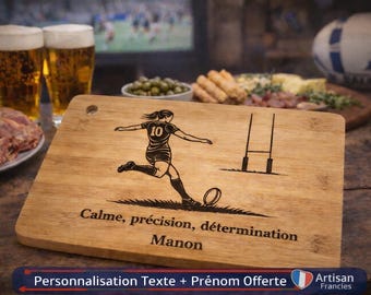 Gepersonaliseerde charcuterieplank met rugbythema – Damesrugby – Cadeau voor een rugbyspeler – Bamboe plank gegraveerd met naam