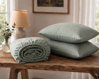 Sage Green Stonewashed Linen Fitted Sheet, Soft Breathable Organic Bedding