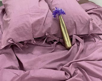 Juego de cama de lino rosa pastel / Sábanas de lino suave con fundas de almohada con cierre de lazo