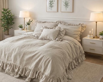 Französische Leinenbettwäsche mit extralangen Doppelrüschen - rustikaler Stil in neuen Farben |