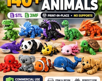 May include: A collection of 140+ articulated mini animal figures including a green T-Rex, blue triceratops, black dragon, green long-necked dinosaur, orange dragon, purple shark, panda, bee, pink axolotl, turtle, red octopus, koala, clownfish, whale, and dog.