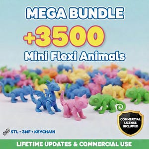 May include: A collection of colorful, mini flexi animals, including dragons, cats, and chameleons. The image features a variety of colors, such as blue, pink, and green. Text on the image reads "MEGA BUNDLE +3500 Mini Flexi Animals".