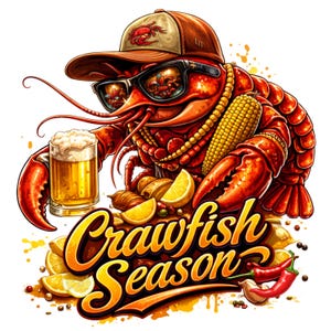May include: A colourful illustration of a red crawfish wearing sunglasses and a baseball cap, holding a pint of beer. The image includes a corn on the cob, lemons, and the text "Crawfish Season". Red chilli peppers and spices are also present.
