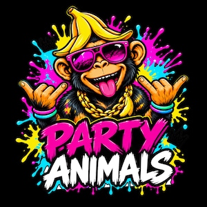 Könnte beinhalten: Eine grafische Illustration eines Affen mit einer gelben Bananenschale als Hut, einer rosa Sonnenbrille und einer Goldkette, der Handzeichen macht. Der Text PARTY ANIMALS erscheint in Pink und Weiß vor einem Hintergrund aus bunten Farbspritzern.