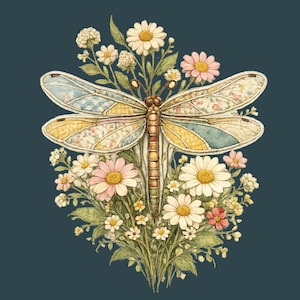 May include: A watercolor illustration of a dragonfly with patterned wings in shades of yellow, blue, and pink. The dragonfly is surrounded by a bouquet of daisies and other wildflowers, all set against a dark teal background.