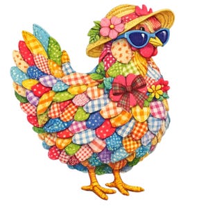 May include: A colorful, patchwork chicken illustration. The chicken wears a straw hat with pink flowers and blue sunglasses. A large red and brown plaid bow adorns its chest. The chicken's body is made of various fabric patterns in red, blue, yellow, and green.