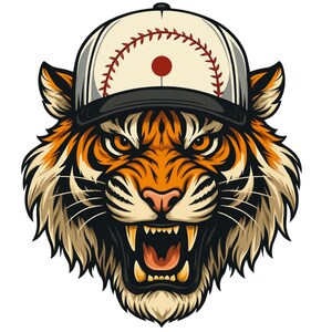 May include: A fierce tiger illustration wearing a baseball cap. The cap is cream-colored with red stitching and a red dot, resembling a baseball. The tiger has orange and black stripes, with an open mouth showing sharp teeth.