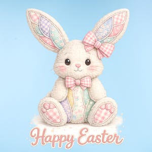 Puede incluir: Un conejo de peluche blanco con orejas, patas y pajarita de retazos, acentuado con lazos de cuadros rosas. El conejo está sentado sobre una nube con las palabras "Happy Easter" en una fuente cursiva sobre un fondo azul claro.