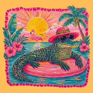 May include: Colorful illustration of an alligator wearing sunglasses and a pink hat, floating on a pink inflatable ring in the ocean. A flamingo, palm tree, and sunset are in the background. Tropical theme.