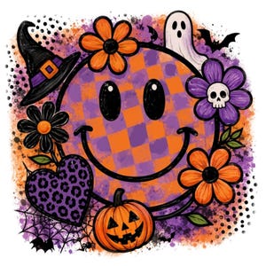 Op de afbeelding: Een Halloween-thema grafisch ontwerp met een smiley met een geblokt oranje en paars patroon. Het ontwerp bevat een heksenhoed, bloemen, een spook, een vleermuis, een hart met een luipaardprint, een pompoen en een spinnenweb.