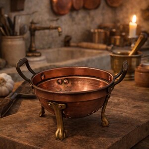 Könnte beinhalten: Ein Kupfer-Gemüsesieb mit Messingbeinen und -griffen auf einem Holzbrett. Die Küchenszene umfasst Kupfertöpfe, einen Wasserhahn und eine brennende Kerze, die eine warme, rustikale Ästhetik erzeugt.