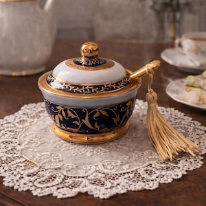 Könnte beinhalten: Eine dekorative Zuckerdose mit Deckel, in Weiß und Marineblau mit goldenen Akzenten. Die Dose hat einen goldenen Löffel mit Quaste. Die Dose steht auf einer weißen Spitzendecke. Ideal für Tee.